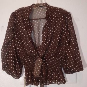 Sheer Waist Fitting Brown & White Polkadots Blouse